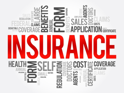 A word cloud about insurance, showing many related terms.